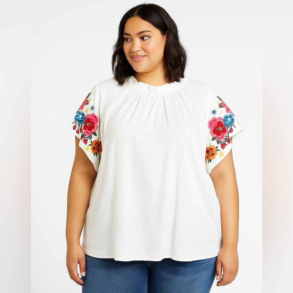 ODDY White Blouse with Multicolor Floral Embroidered Sleeves